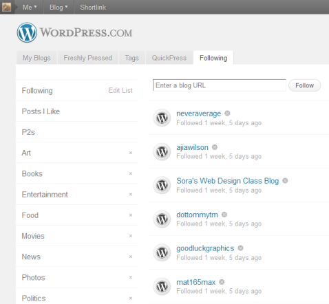Following other WordPress bloggers from within WordPress