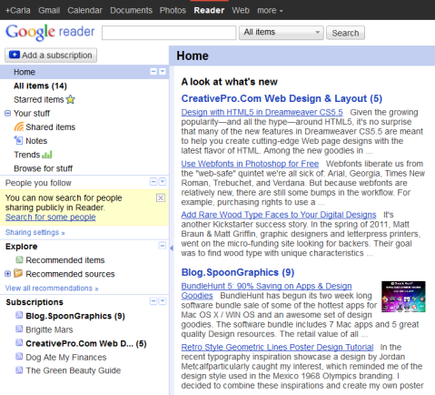 RSS feeds in Google Reader